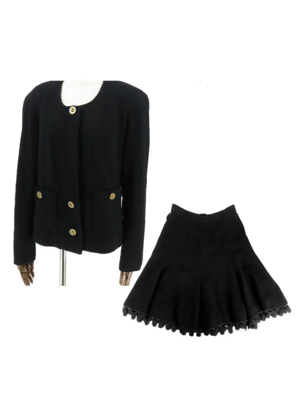 Chanel Tweed Jacket Skirt 20924/20923 Black Wool Collarless A-Line Set 42